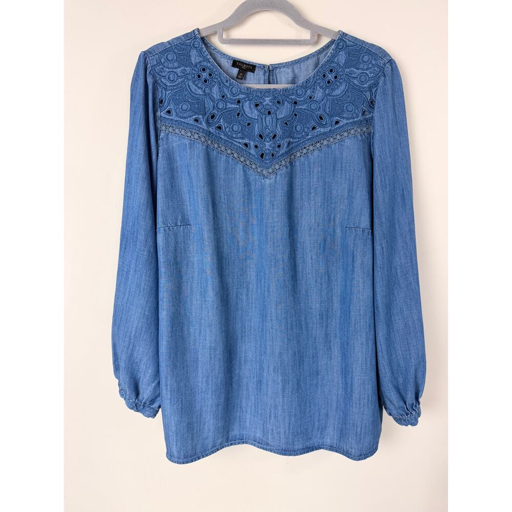 Talbots Blue Chambray Long-Sleeve Blouse with Lace Yoke